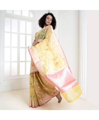 Lemon silk organza saree with woven floral design 3