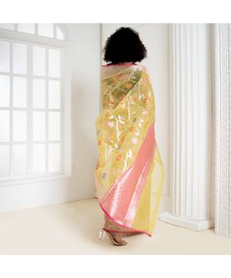 Lemon silk organza saree with woven floral design 4