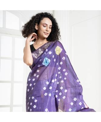 Purple rainbow bandhej blended cotton silk saree with zari border 1