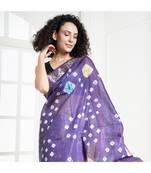 Purple rainbow bandhej blended cotton silk saree with zari border