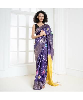Purple rainbow bandhej blended cotton silk saree with zari border 2