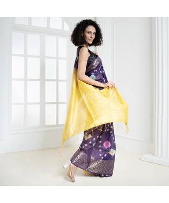 Purple rainbow bandhej blended cotton silk saree with zari border 3
