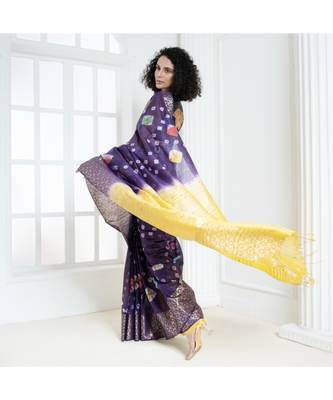 Purple rainbow bandhej blended cotton silk saree with zari border 4