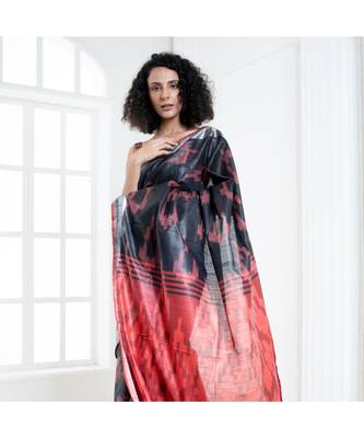 Black blended cotton ikkat saree with red motifs and pallu 1