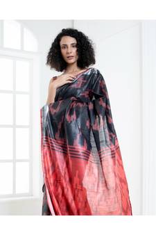 Black blended cotton ikkat saree with red motifs and pallu