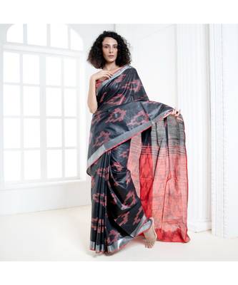 Black blended cotton ikkat saree with red motifs and pallu 2