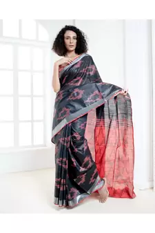 Black blended cotton ikkat saree with red motifs and pallu