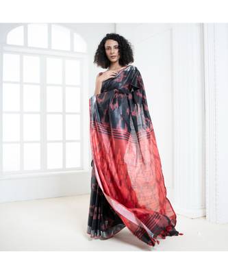 Black blended cotton ikkat saree with red motifs and pallu 3