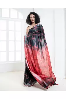Black blended cotton ikkat saree with red motifs and pallu