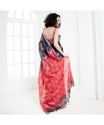 Black blended cotton ikkat saree with red motifs and pallu 4