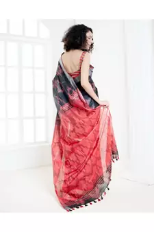 Black blended cotton ikkat saree with red motifs and pallu