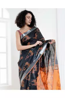 Black blended cotton ikkat saree with orange motifs and pallu