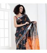 Black blended cotton ikkat saree with orange motifs and pallu