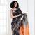 Black blended cotton ikkat saree with orange motifs and pallu