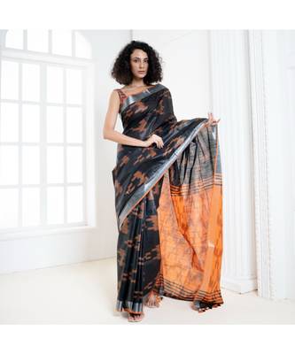Black blended cotton ikkat saree with orange motifs and pallu 2