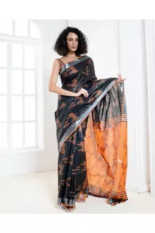 Black blended cotton ikkat saree with orange motifs and pallu