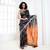 Black blended cotton ikkat saree with orange motifs and pallu