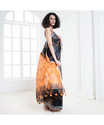 Black blended cotton ikkat saree with orange motifs and pallu 3