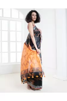Black blended cotton ikkat saree with orange motifs and pallu