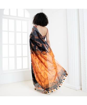 Black blended cotton ikkat saree with orange motifs and pallu 4