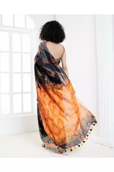 Black blended cotton ikkat saree with orange motifs and pallu