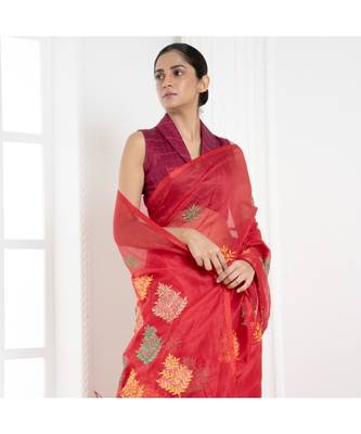 Red kora cotton saree with multicolor thread embroidery 1