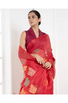 Red kora cotton saree with multicolor thread embroidery