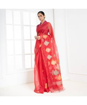 Red kora cotton saree with multicolor thread embroidery 2