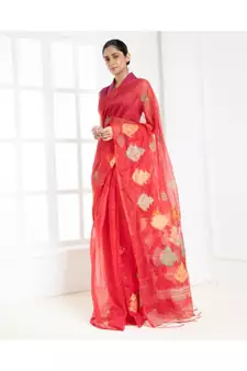 Red kora cotton saree with multicolor thread embroidery