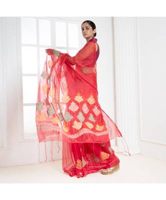 Red kora cotton saree with multicolor thread embroidery 3