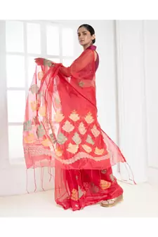 Red kora cotton saree with multicolor thread embroidery