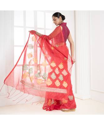 Red kora cotton saree with multicolor thread embroidery 4