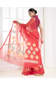 Red kora cotton saree with multicolor thread embroidery