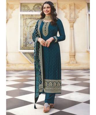 Dark Teal Silk Blend Party Wear Salwar Kameez 1