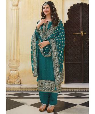 Teal Silk Blend Party Wear Salwar Kameez 1