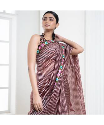 brown striped organza with persian thread embroidered border 1