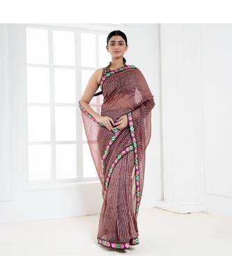 brown striped organza with persian thread embroidered border 2