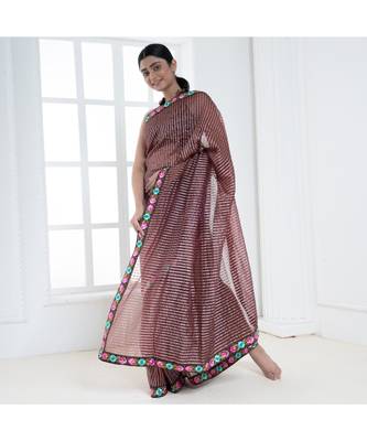 brown striped organza with persian thread embroidered border 3