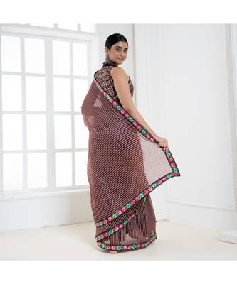 brown striped organza with persian thread embroidered border 4