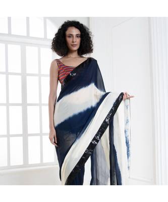 white and blue tie and dye georgette saree with sequin border 1