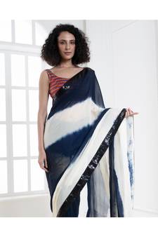 white and blue tie and dye georgette saree with sequin border