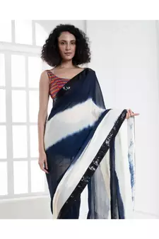 white and blue tie and dye georgette saree with sequin border