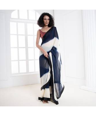 white and blue tie and dye georgette saree with sequin border 2