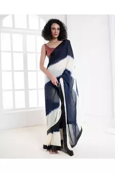 white and blue tie and dye georgette saree with sequin border