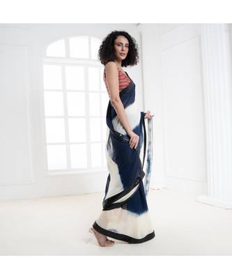 white and blue tie and dye georgette saree with sequin border 3