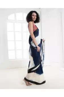 white and blue tie and dye georgette saree with sequin border