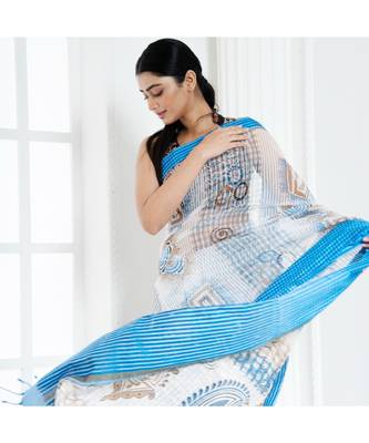 white kora cotton saree with blue and brown blockprint 1