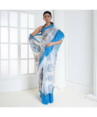 white kora cotton saree with blue and brown blockprint 2