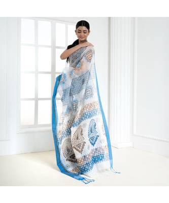 white kora cotton saree with blue and brown blockprint 3