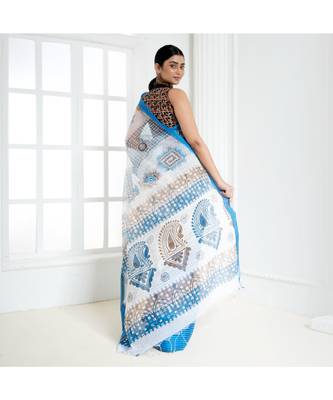 white kora cotton saree with blue and brown blockprint 4